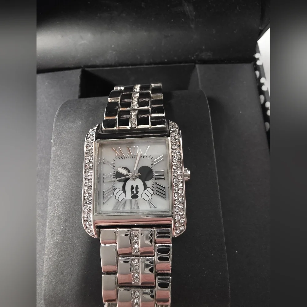 Disney Accutime Mickey Mouse Crystal Embellished Silvertone Link Bracelet Watch